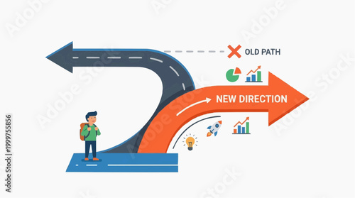 Navigating a decisive career or life decision, choosing a new direction with the old path behind. The illustration uses road symbols, graphs, and a person to represent the path taken.