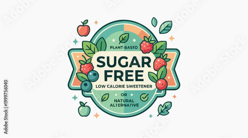 A vibrant design illustration highlighting the benefits of a product, with focus on 'sugar-free'.