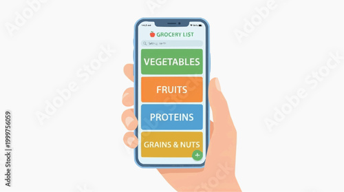 A hand holds a smartphone displaying a grocery list categorized by food groups: vegetables, fruits, proteins, and grains & nuts.