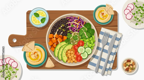 A vibrant, top-down view showcases an artfully composed plate of colorful, nutritious food alongside various side dishes.