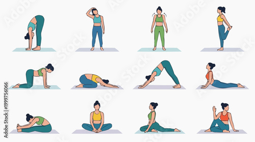 A vibrant illustration set showcasing a diverse array of yoga poses. Perfect for those seeking to enhance their fitness and wellness routines through mindful movement.