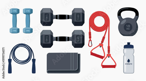 A comprehensive collection of essential workout equipment meticulously arranged against a clean backdrop, perfect for fitness concepts, and exercise routines.