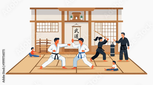Dynamic martial arts training session unfolds, showcasing skilled practitioners in a vibrant dojo setting, demonstrating discipline and precision.