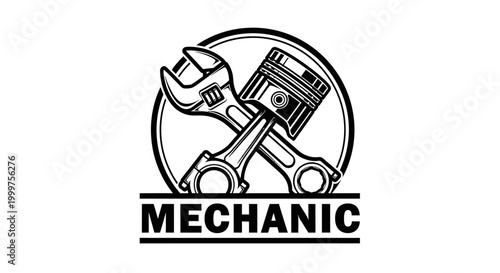 Mechanic Emblem: Piston and Wrench Crossed, Automotive Repair Service Logo