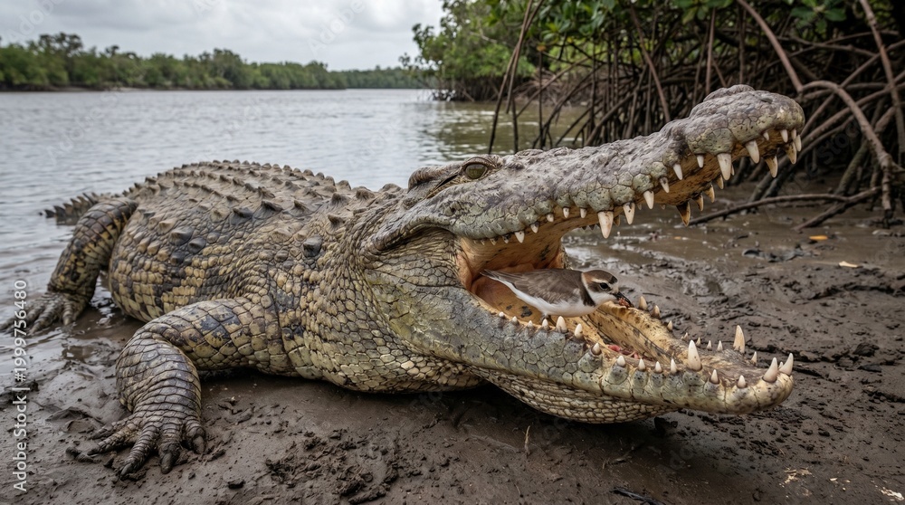 Fototapeta premium A powerful crocodile with its mouth wide open, showcasing sharp teeth on a muddy riverbank in its wild habitat