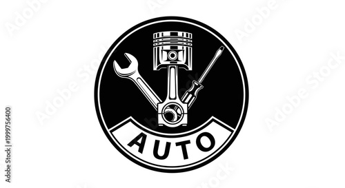 Automotive Service Logo with Piston, Wrench, Screwdriver, and "AUTO" Text