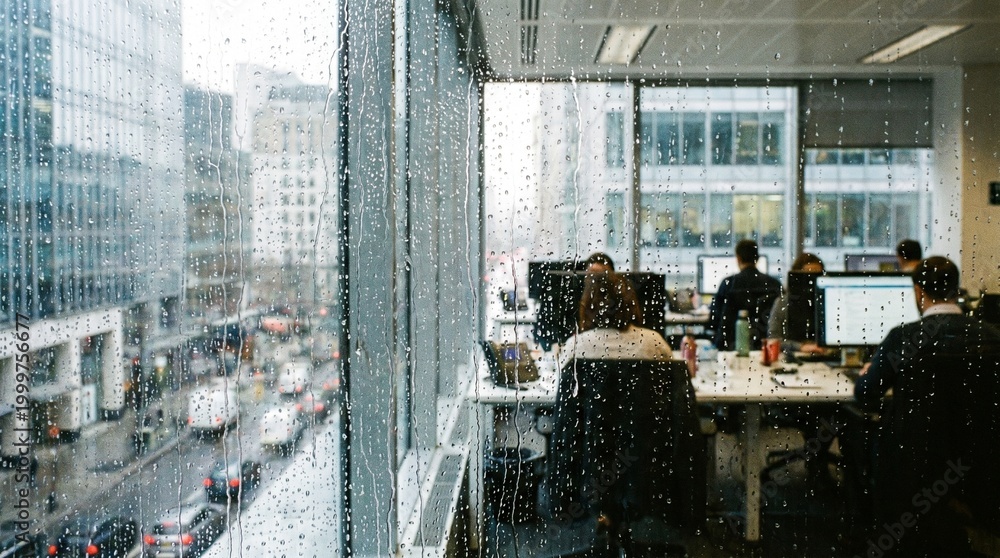 Obraz premium Modern Office Interior With View Of City Street Through Rainy Window