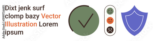 Security evaluation, user feedback, protection, trust, online assurance, error checking. A green checkmark, a shield icon and a feedback rating scale of emoticons. Security evaluation and feedback