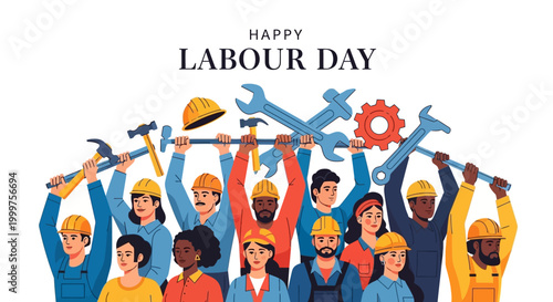 Photos A vibrant vector illustration showcases diverse professional workers holding too