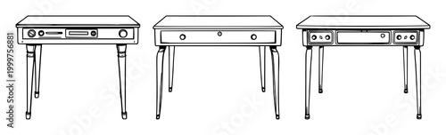 Retro table set with black line art illustration on white background featuring vintage, minimalist, single line design with furniture and décor