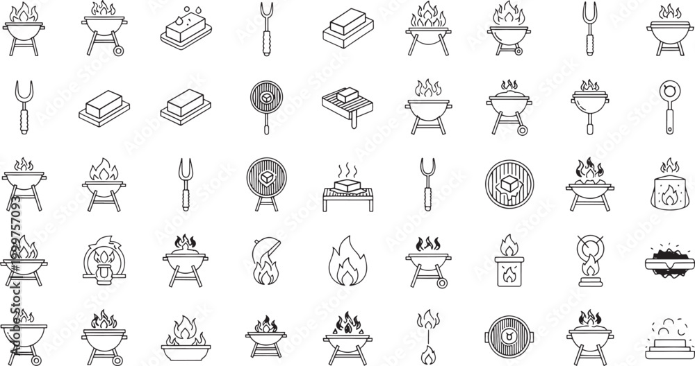 Fototapeta premium Collection of black and white line representing barbecues grills and grilling accessories