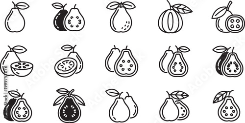 Collection of black and white line of guavas and pears fruit