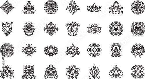 Collection of black ornamental decorative on white background flourish scroll swirl