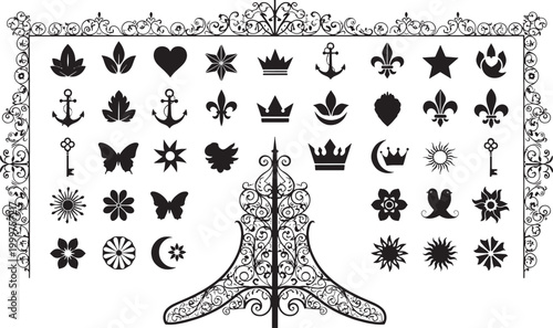 Collection of black ornate decorative and symbols on white background