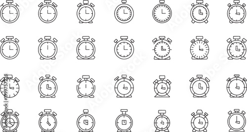 Collection of black outline alarm clock with various time settings timer stopwatch