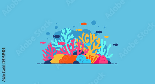 Colorful Coral Reef with Small Fish Swimming Underwater - Flat Design
