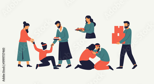Diverse people helping each other, community support, kindness and volunteering concept illustration