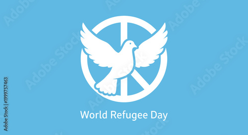 Dove of Peace and Peace Symbol for World Refugee Day on Blue Background