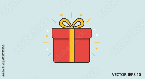 Red Gift Box with Yellow Ribbon and Sparkles, Celebration Icon
