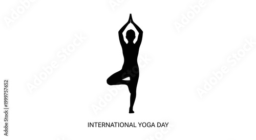 Silhouette of person practicing yoga tree pose, International Yoga Day celebration