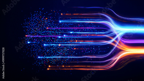 Futuristic digital data streams and glowing light trails converging into bright energy source