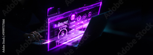 Futuristic digital finance and online banking concept with glowing holographic interface on laptop screen