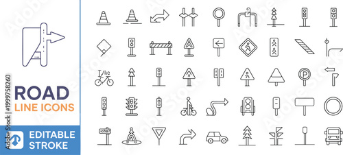 Collection of road line icons, editable stroke traffic symbols including cars, bicycles, pedestrians, trees, parking signs, and transportation elements
