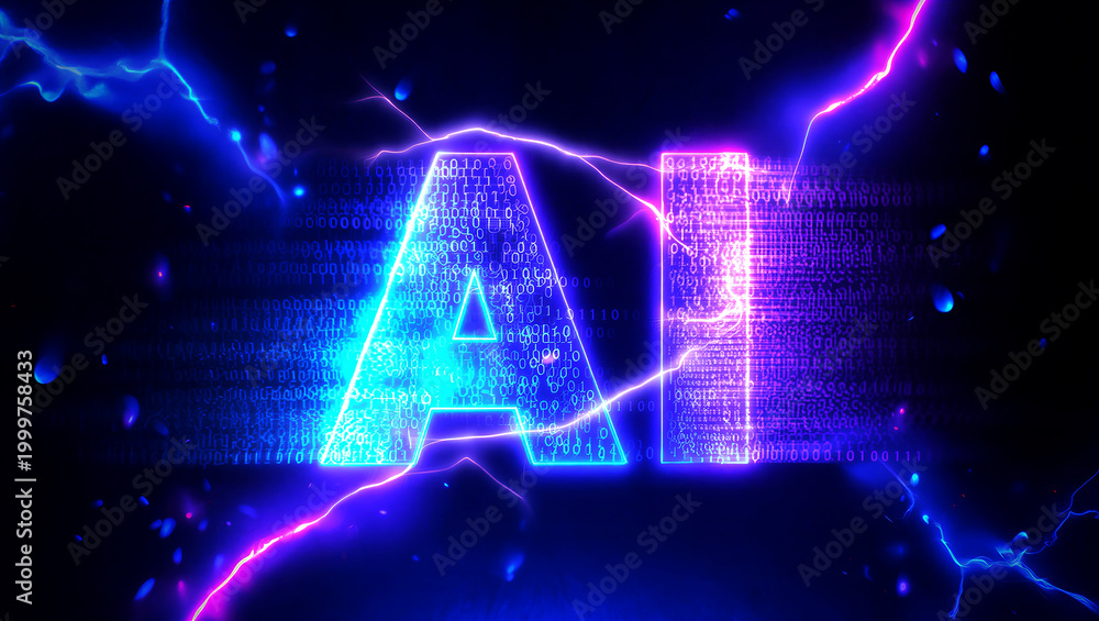 Fototapeta premium Futuristic glowing artificial intelligence text with digital binary code and electric energy effects