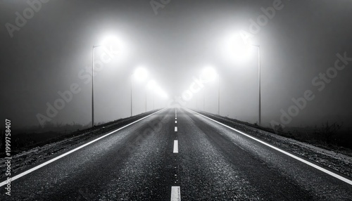 A desolate highway stretches into a dense, atmospheric fog at night, illuminated by a tunnel of streetlights, evoking a sense of mystery and an uncertain journey ahead