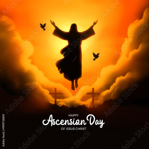 Inspiring ascension day illustration with silhouette of jesus christ rising into golden sky scene