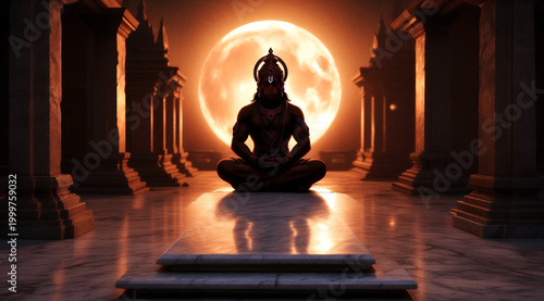 Meditating deity in an ancient temple corridor with a glowing full moon in spiritual ambiance