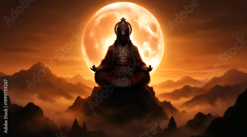Mystical spiritual illustration of a meditating figure under a glowing moon in mountainous landscape