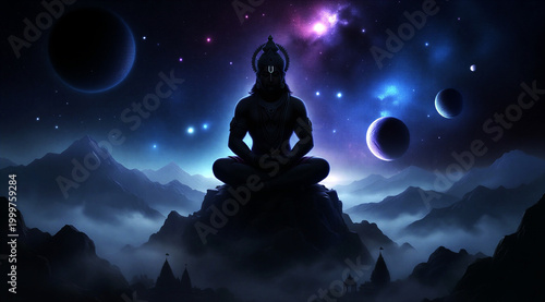 Mystical spiritual silhouette meditating under cosmic sky with planets and stars in serene mountain landscape scene