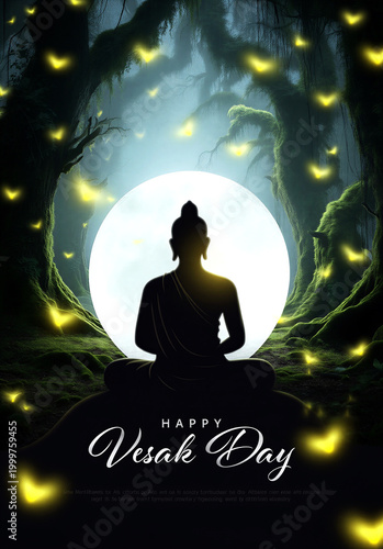 Serene vesak day celebration with buddha silhouette in glowing forest and full moon ambiance