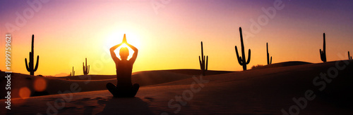 Silhouette of a person meditating at sunset in a desert with cacti all around