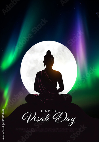 Silhouette of buddha statue meditating under full moon with aurora lights for vesak day celebration scene