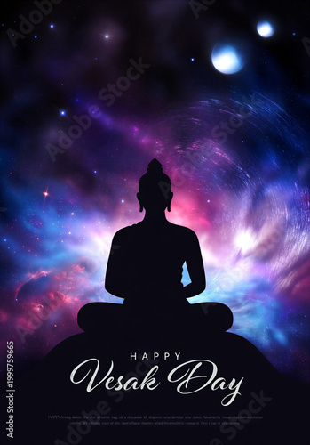 Silhouette of buddha statue meditating under cosmic sky with vibrant nebula and stars for vesak day celebration