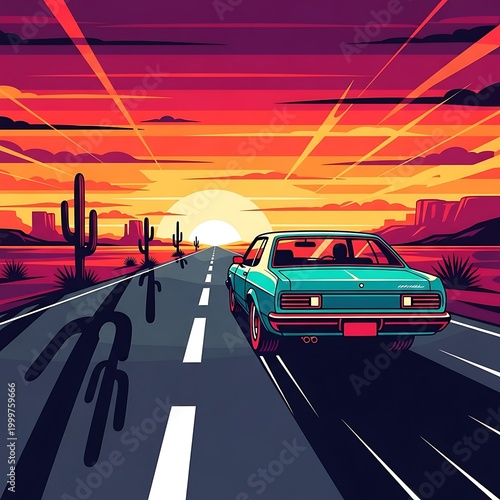 Classic automobile travels down a desert highway under a vibrant sunset sky