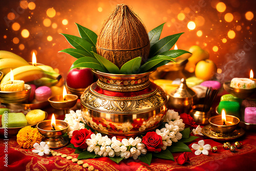 Traditional religious ceremony arrangement with brass pot coconut fruits flowers and candles on decorative table setup