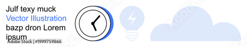 Time management, innovation, cloud computing, productivity, energy efficiency, modern concepts. A clock next to a light bulb and a cloud symbol. Time management and innovation concept