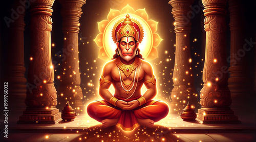 Vibrant digital illustration of a meditating deity with glowing aura and ornate temple pillars background