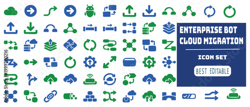 Diverse collection of green and blue technology and business icons representing cloud migration and enterprise solutions.