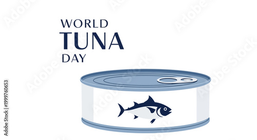 A flat vector illustration commemorating World Tuna Day, highlighting the importance of sustainable fishing and marine conservation, featuring a stylized tuna can against a clean white