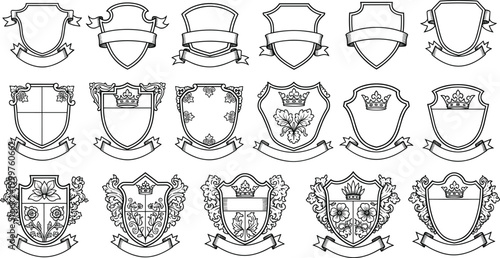 Set of Heraldic Shields and Crest Designs with Blank and Decorative Banners for Emblems, Family Crests, and Coat of Arms