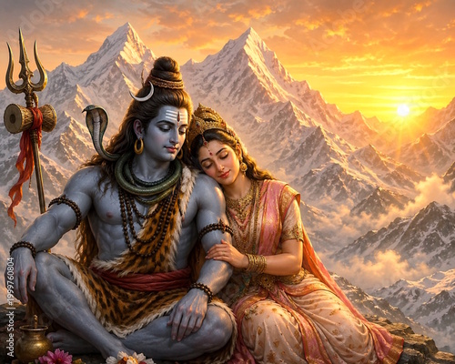 closeup beautiful Hindu religion god Shiva or shiv Shankar and Parvati, The divine love, golden sun light morning Himalaya mountain background, Hindu religion festival or Maha Shivratri concept 