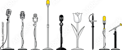 Microphone and Stand Vector Set Featuring Various Microphone Designs, Stands, and Creative Patterns for Music, Broadcast, and Stage Performance Illustrations