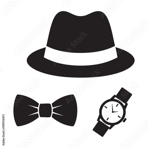 Dad's accessory icons with fedora hat and bowtie set