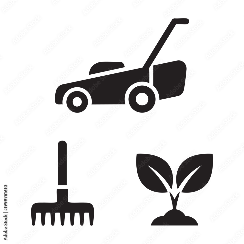 Fototapeta premium Garden dad icons with lawnmower and rake set