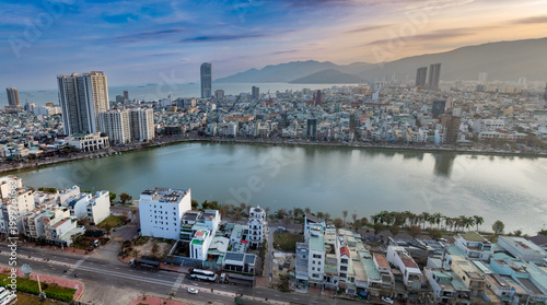 Bild auf Leinwand Aerial view of Sinh Thai Lake, Quy Nhon, Binh Dinh, Vietnam, at sunset