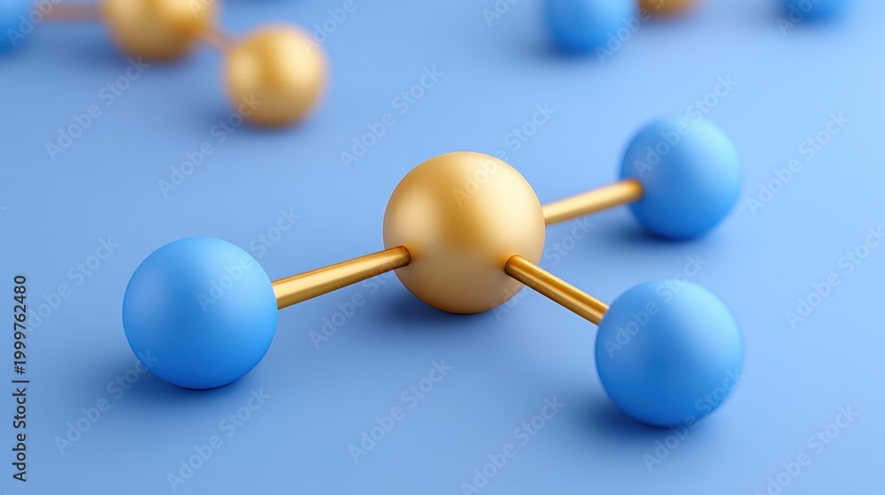 Obraz premium Colorful molecular structure with golden and blue spheres against a smooth blue background, representing scientific concepts and chemical research.
